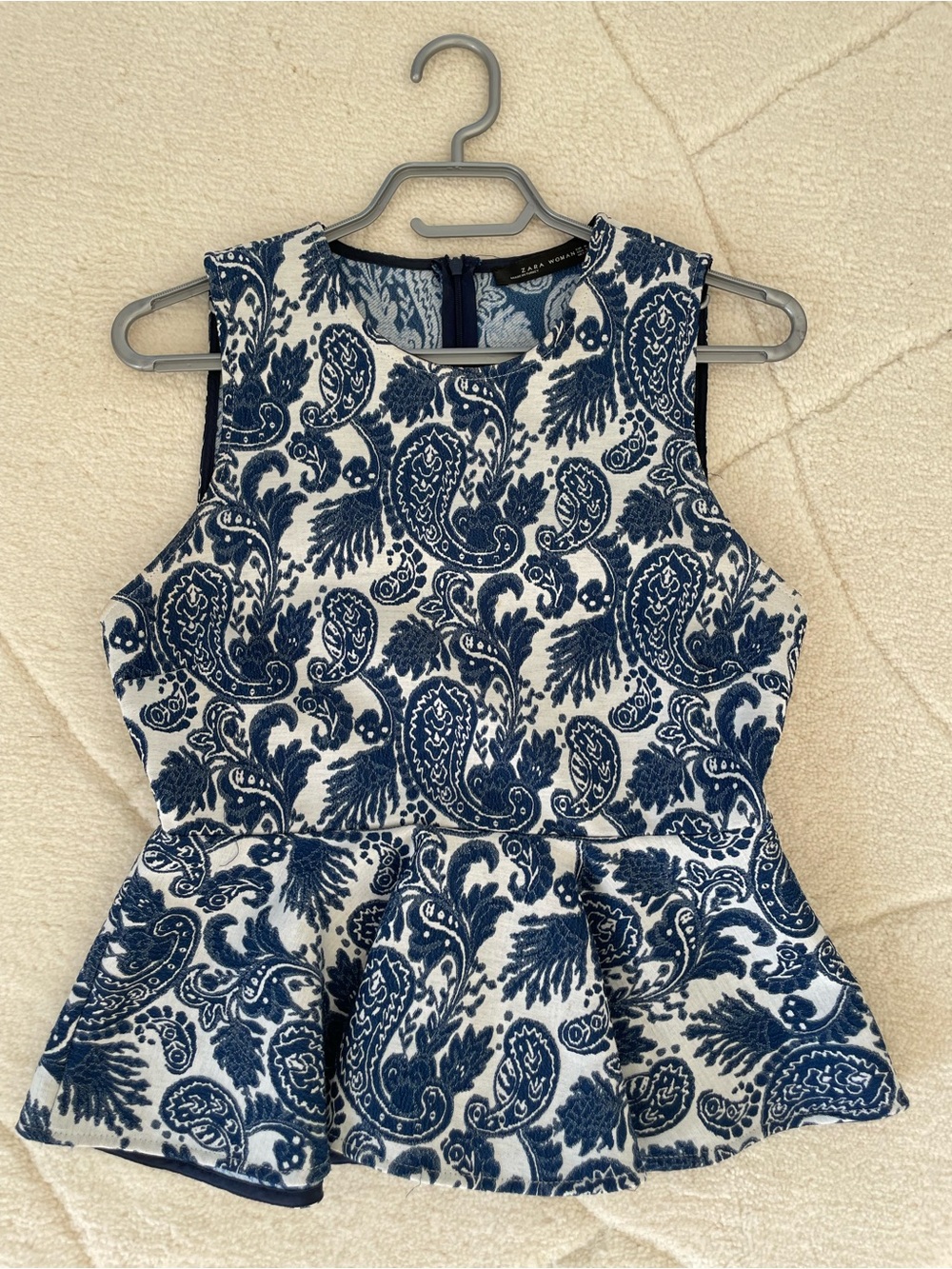 Navy Zara Paisley Peplum Sleeveless Top